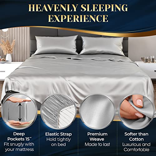 Satin Sheets Queen Size (4 Pieces, 8 Colors), Silky Satin Sheet Set -Satin Bed Set With 2 Pillowcase, Satin Fitted Sheet - Grey Satin Sheets, Satin Bed Sheets Queen Set, Satin Bedding Set #TOP2