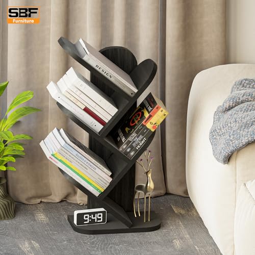 Image of SBF Furniure 5-Tier Modern Tree Bookshelf - Freestanding Black Bookcase for Home & Office | Space-Saving Vertical Display Shelf for Books, Decor & Plants (Black)