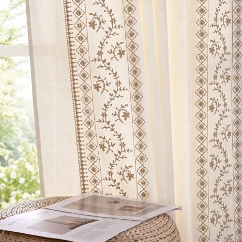 Image of Yinhua Boho Curtains for Living Room 84 Inch Long Brown Embroidered Floral Bedroom Curtains, Farmhouse Light Filtering Window Curtain Rod Pocket & Back Tab Drapes, 52 inch W x 84 inch L, 2 Panels