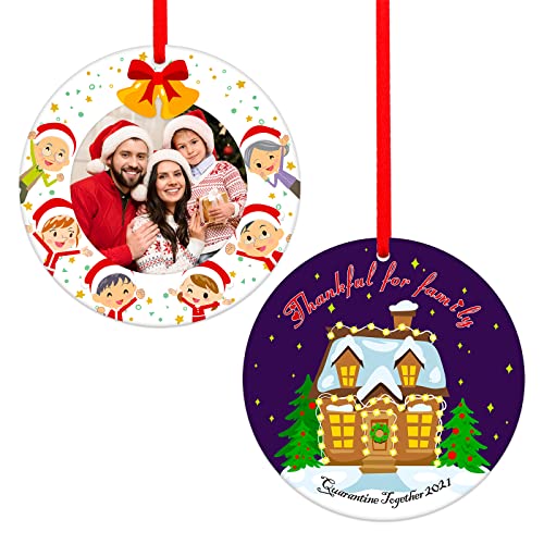 SICOHOME Family Photo Frame Christmas Ornament 2021,3" Christmas Picture Frame Ornament,Thankful for Family,Quarantine Together 2021 Ornament,Christmas Tree Ornament