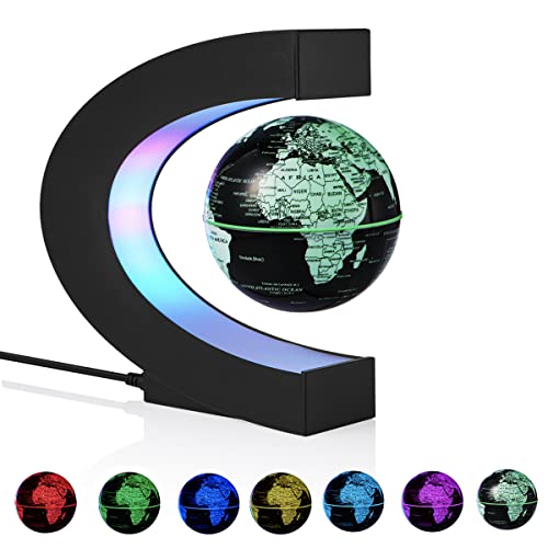 Levitating Globe, Magnetic Floating Globe with Multi-colors Changing LED light, 360 Degree Rotating C Shape Magnetic Levitation World Map Globe Lamp for Room Decor