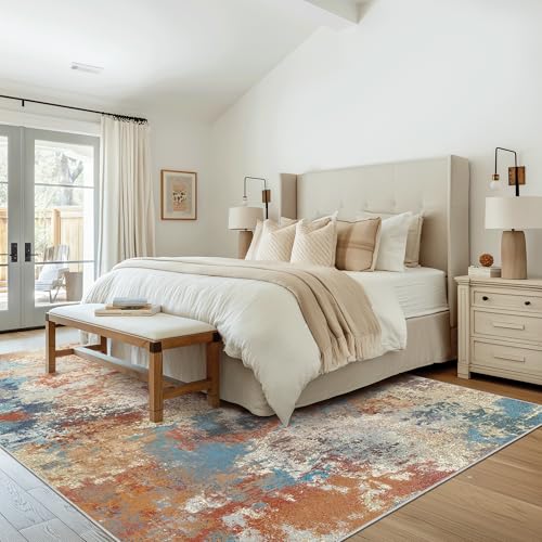 Area Rugs 8x10 Machine Washable Area Rugs for Living Room Bedroom Dining Room, Large Modern Abstract Colorful Soft Rugs, Indoor Low Pile Carpet with Non Slip Rubber Backing, Multi Red