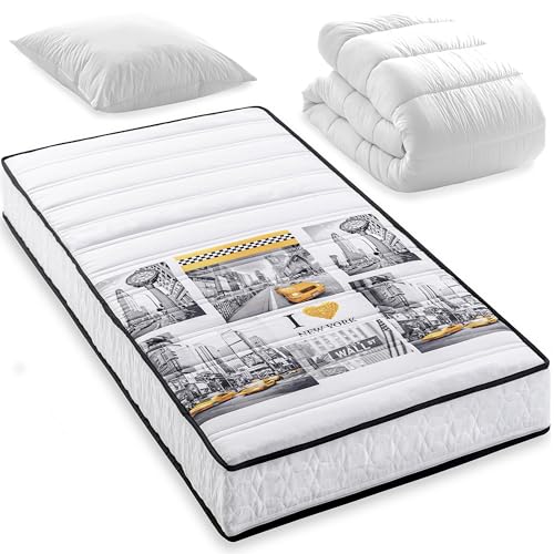 BLUE MOON Pack Soho Matelas Mousse New York 90x190 + 1 Couette + 1 Oreiller. Mousse profilée 5 Zones de Confort. Épaisseur 15cm – Fabriqué en Belgique
