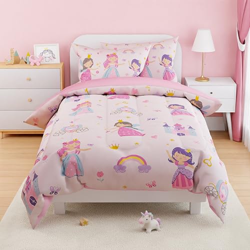 Image of SANDJEST Princess Comforter Set Full Size 98x86in for Kids Girls, Microfiber Bedding Set 4 Pcs Includes 1 Comforter, 2 Pillowcases, 1 Fitted Sheet, Nursery Room Decor Christmas Birthday