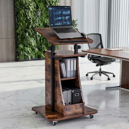 Image of POWERSTONE Sit to Stand Mobile Lectern Teacher Podium Stand Rustic Brown | Rolling Laptop Desk Cart with Storage Shelves, Casters, Swivel Top, Height Adjustable, for Classroom, Concert, Church