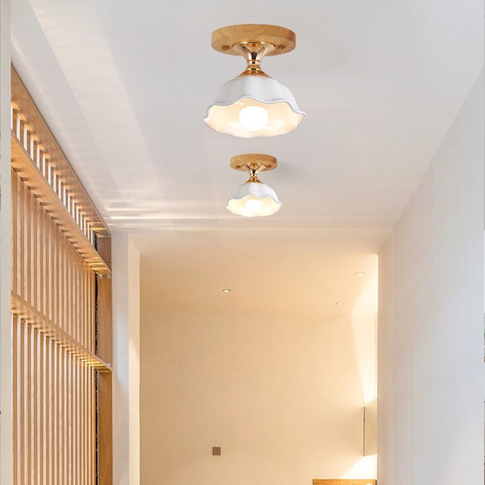 Jadssox Nordic Ceramiczna Lampa Sufitowa Drewniana Plafon Do Montażu Podtynkowego, Drewniana Podstawa Blisko Sufitu Z Białym Ceramicznym Kloszem, Nowoczesne Lampy Sufitowe Do Przedpokoju