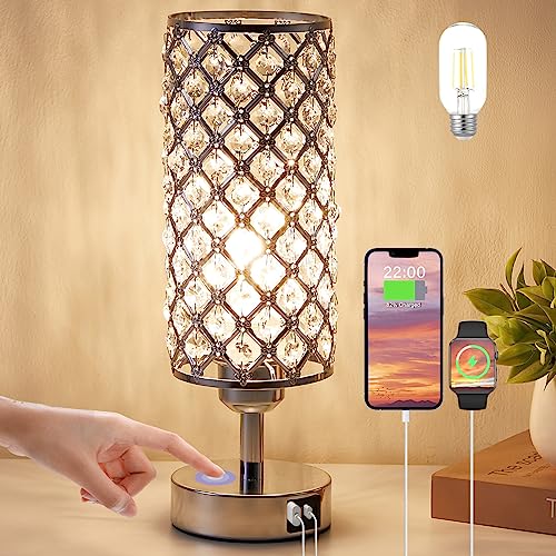 Hong-In HU-XI-201 Crystal Touch Lamp With Touch Control, Sliver Table Lamp With Usb-C+A Ports, 3 Way Dimmable Bedside Lamp Decorative Modern Nightstand Lamp thumb #7