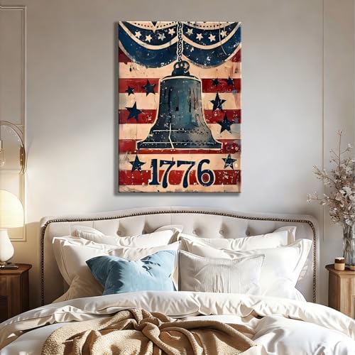 Image of RIBNTAK Made in USA Rustic 1776 Liberty Bell with American Flag Canvas, Retro Patriotic Sign Artwork for 4th of July, Independence Day, Memorial Day Home Decoration