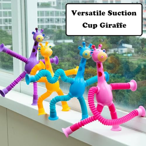 YANXINKE Teleskop Saugnapf Giraffe Spielzeug, 4 Stück Telescopic Suction Cup Giraffe Toy, Cartoon Teleskop Rohr Giraffe Stretch, Teleskop Giraffe Spielzeug