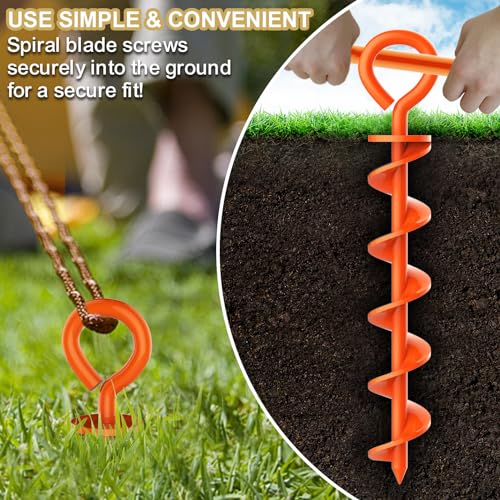 Image of Eurmax USA Canopy Tent Stakes Dog Tie Out Stakes Corkscrew Shape Steel Trampoline Stakes with Iron Rod Installation Tool & 4 Wind Ropes - Set of 4 (Orange)