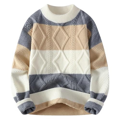 Men's Stripe Pattern Pullover Sweater O-Neck Full Sleeve Thick Warm Wool Youth Loose Casual Knitwear