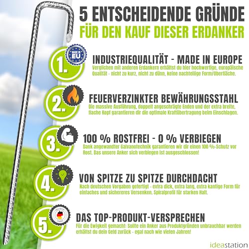 idea-station Bodenanker 6 Stück - 30 cm lang - Ø 8 mm - rostfreie Erdanker aus Bewehrungs-Stahl - sichere Boden Verankerung für Trampolin - Massive Erdhaken für den Garten
