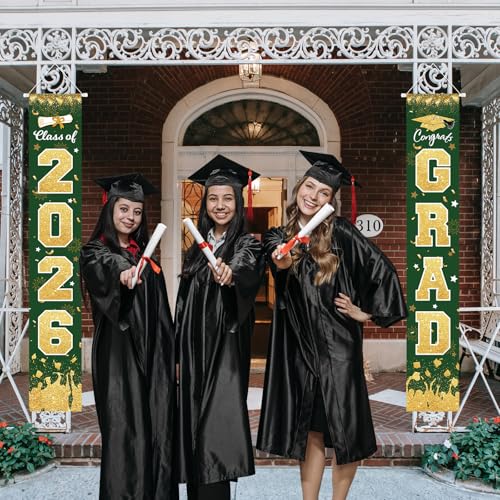Image of 2026 Graduation Porch Sign Banner Green Gold | Class of 2026 Congrats Grad Porch Sign Banner Hanging Flag Graduation Party Decorations for School College Classroom Decor