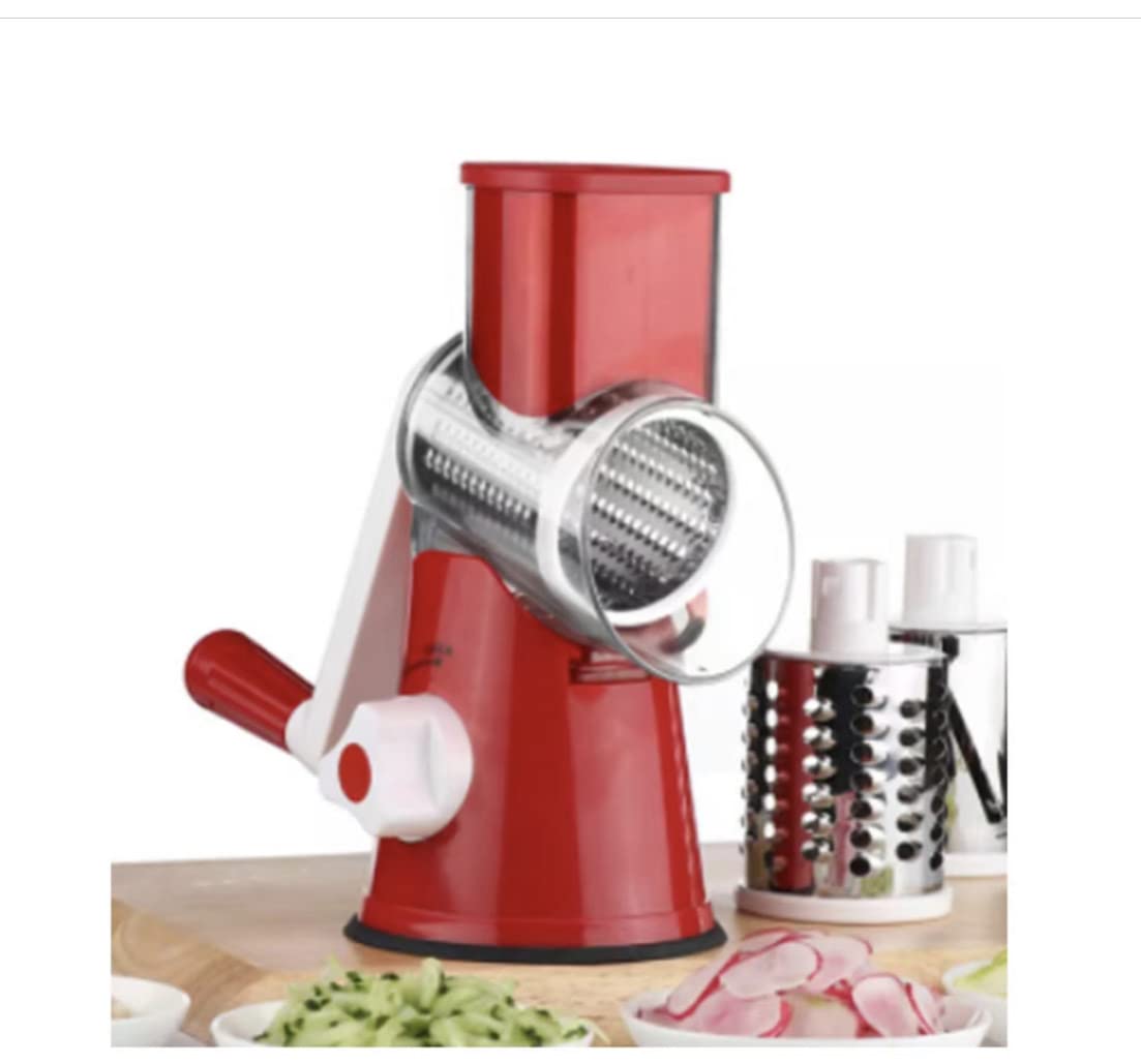 Manual Mndoline Spiral Rotary Drum Cheese Grater Tabletop Vegetable Fruit Nuts Slicer Cutter Grinder 3 in 1 Shredder For Cucumber Potato Carrot Nuts (Red)