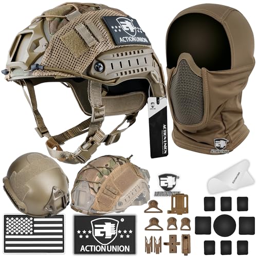 ACTIONUNION Airsoft Helmet and Mask Set Tactical Paintball Helmet and Balaclava Mesh Mask MH Type (Tan Large)