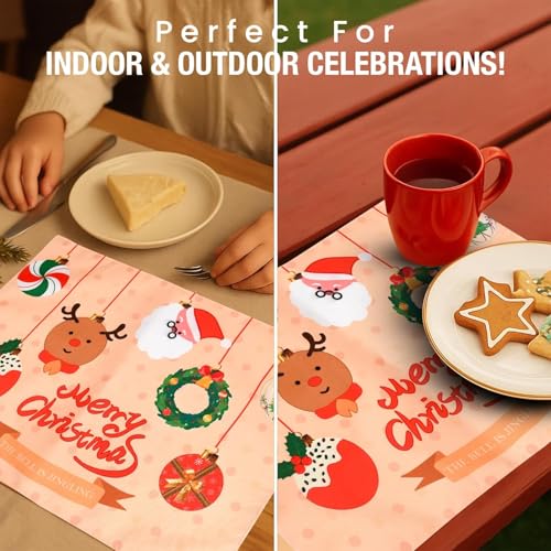 Image of Dining Table Mats Set of 2 - Merry Christmas Theme,Digital Print, Washable, Indoor /Outdoor, Heat-Proof, Water Resistant, Wipe & Clean (47X33 cm) Cream & Red