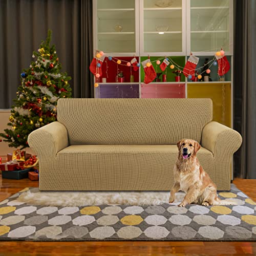 KEKUOU Stretch Loveseat Sofa Cover Slipcover,Couch Covers for 2 Cushion Couch Sofa (55"-78") Furniture Protector Sofa with Elastic Bottom for Kids,Dog. Jacquard Small Checked (Medium,Tan)