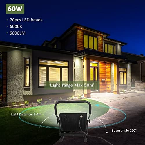 Led Portable Flood Light, 60W 6000K Led Work Light, Ip66 Waterproof Job Site Worklight With Stand, Construction Light For Camping, Workshop, Site, Garage, Jetty, Construction Site #TOP3