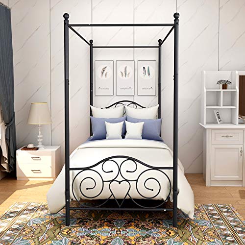 Nishore Metal Canopy Bed Frame With Vintage Style Headboard & Footboard Sturdy Steel Holds 400Lbs Perfectly Fits Your Mattress Easy Diy Assembly All Parts Included, Twin Black #TOP4