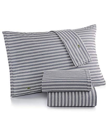 Image of Lacoste 100% Cotton Percale Sheet Set, Herringbone Print, Vintage Indigo, Twin