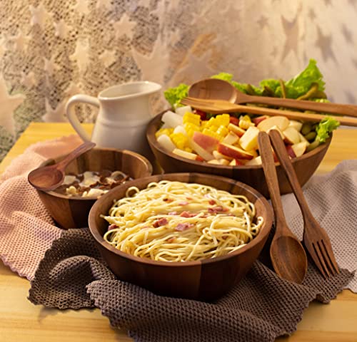 Large Acacia Wood Nesting Round Set 3 Serving Bowls 9½” 8½” 7” With Utensils Wooden Forks And Spoons Mix Size Stackable Dish For Fruit Salad Vegetables Pasta Soup Cereals Decorative Wooden Nest Bowl #TOP1