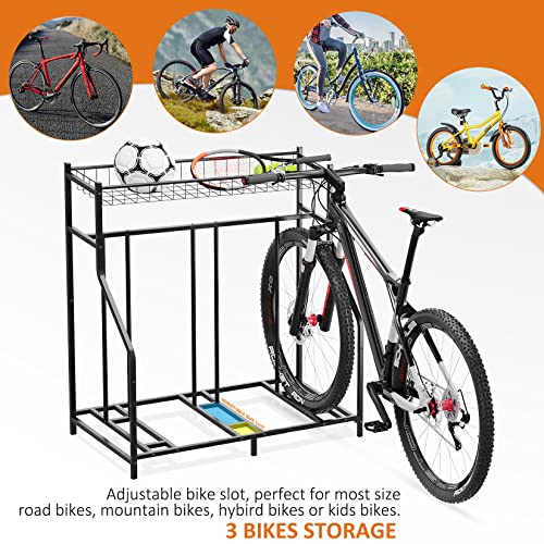 Gadroad 3 Bike Rack Garage With Storage Basket, Bike Stand Floor, Garage Organizer Bike Parking Rack, Metal Floor Bicycle Rack Station For Mountain/Kids Bike, Black #TOP4