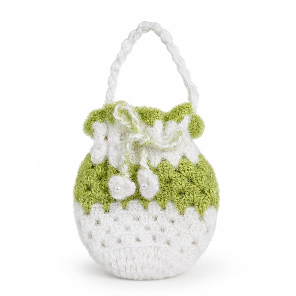 Handmade Crochet Hand Bag for Women, Woolen Knitted Drawstring Purse, Stylish Ethnic Handbag for Party, Wedding & Casual Use, Green-image-11