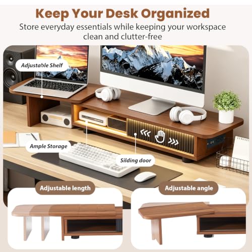 Image of Artswish Dual Monitor Stand with Power Outlet, Brown Desk Monitor Riser