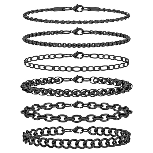 Aospkle 6PCS Stainless Steel Bracelets for Men Women, Black Cuban Link Rope Box Wheat Chain...