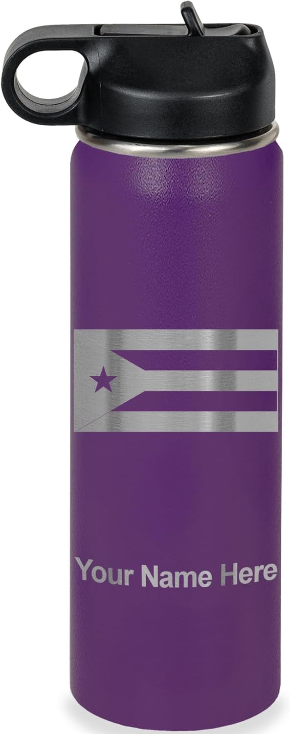 LaserGram Personalized Water Bottle, Flag of Cuba, Stainless Steel Double Wall Vacuum Insulated with Flip Top Straw, Custom Engraved Gift (20oz / 590ml Dark Purple)