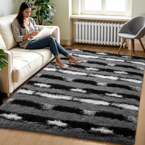 Zentavio Area Rugs for Living Room Rugs for Bedroom 4x6 Carpet Fluffy Fuzzy Soft Shag Aesthetic Plush High Pile Throw Rug for Nursery Kids Room Dorm Vertical Stripes Black White