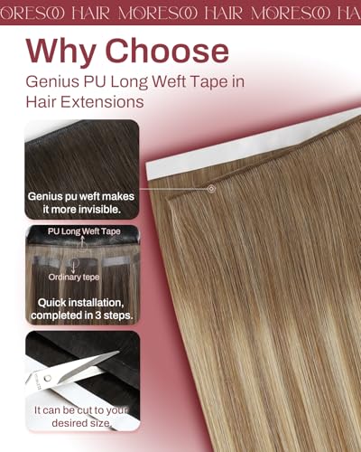 Image of Moresoo Weft Tape Extensions Human Hair Light Brown Blonde 20 Inch 75g 2Pcs | Skin weft tape in hair extensions, cut-to-size design for layered placement and a lived-in light brown blonde finish