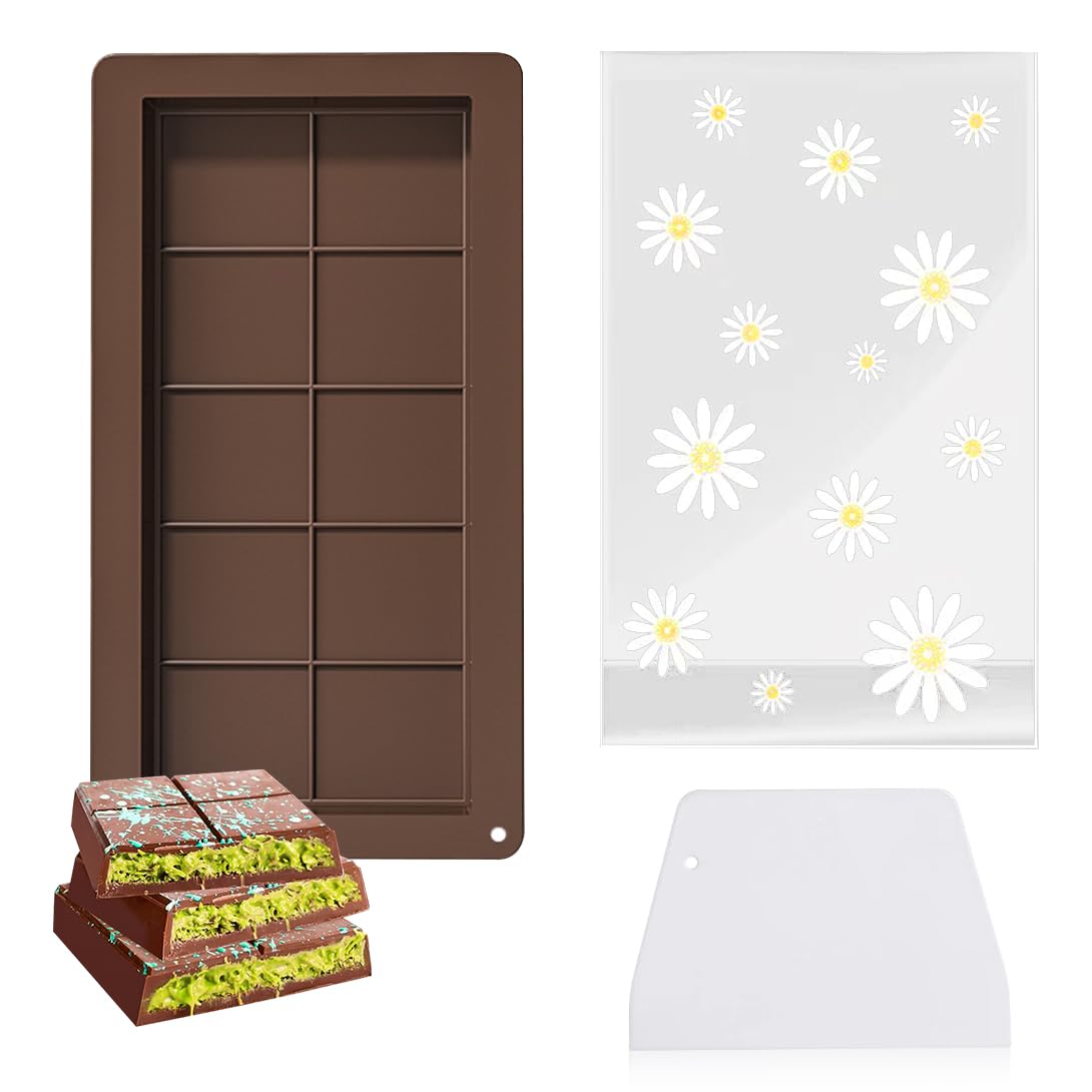 Koonafy Chocolate Mold with Bags Scraper - Rectangle Silicone Candy Bar Molds, Filling Knafeh, Pistachio Chocolate & More