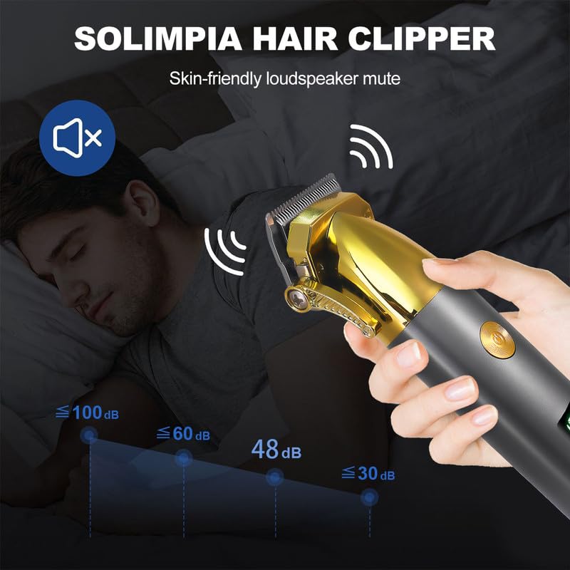 SOLIMPIA HT-629 Hair Clipper being used near a sleeping person, illustrating its low noise level (48 dB) compared to other sounds.