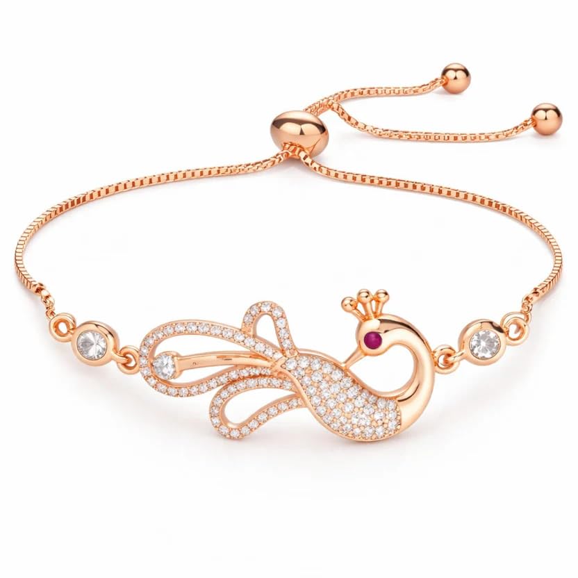 Image of Nilu's Collection Rose Gold & Silver Plated American Diamond Adjustable Peacock Bracelet, Stylish Fashion Jewellery Gift fo Women