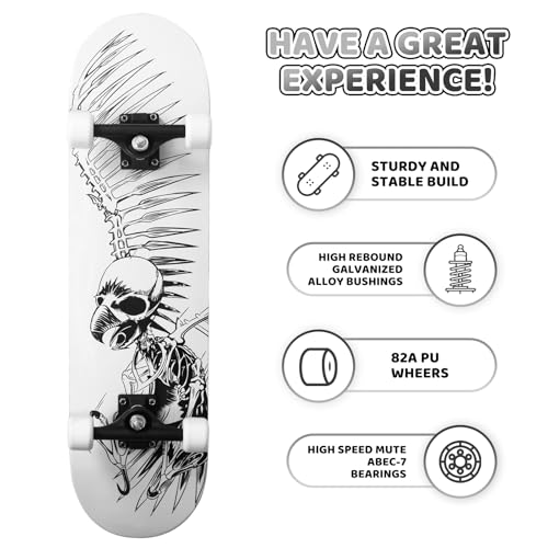 Image of Nattork 31 Inch Complete Skateboard, Standard Skateboards Gift for Beginners, Wood 9 Layer Canadian Maple Trick Skate Boards for Boys Girls Youth Teens Skull Eagle