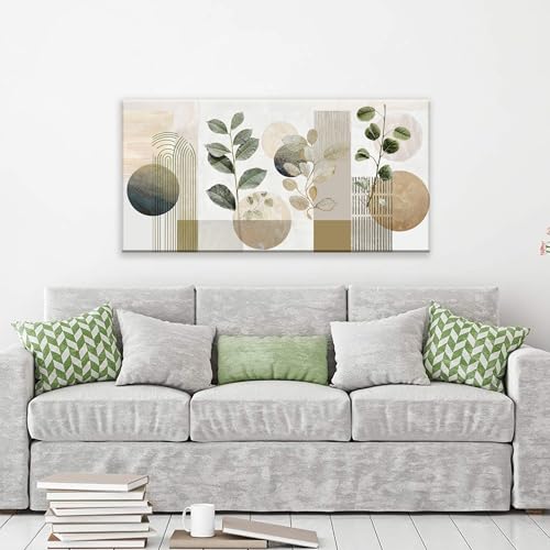 Image of Green Boho Wall Art Minimalist Canvas Green Wall Art Decor For Living Room Geometric Line Leaf Beige Canvas Artwork Print Paintings Botanical Pictures for Bedroom Office Home Wall Decor 20 inchX 40 inch