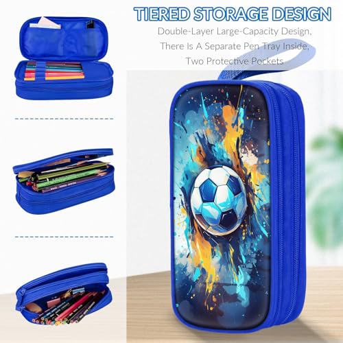 Image of TILYTADLY Large Pencil Case for Boys - Soccer Boys Pencil Pouch with Zipper Compartments - Big Capacity Pen Box Pen Bag Organizer with Keychain for Kids Teens School