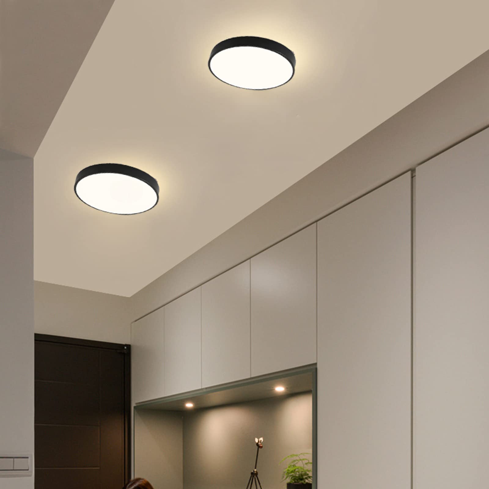 24W LED Luz de techo con sensor de movimiento Pasillo Lámpara de techo Ultraslim Ø40cm 3000K Blanco Cálido Interior con sensor de movimiento Negro Ronda Moderna Lámparas de techo de latón
