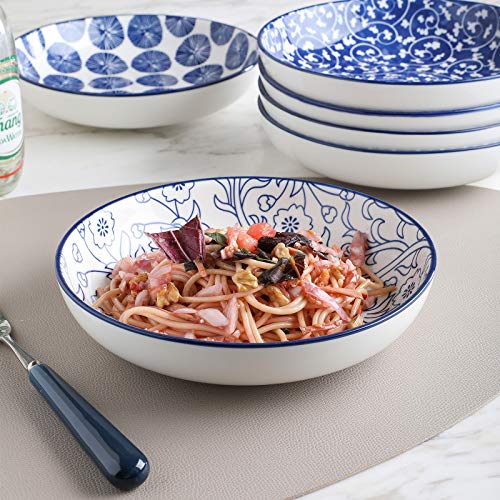 Selamica Porcelain Salad Pasta Bowls, Serving Bowls, Microwave & Dishwasher Safe, Sturdy & Stackable - 26 Ounce, Set Of 6, Vintage Blue #TOP2