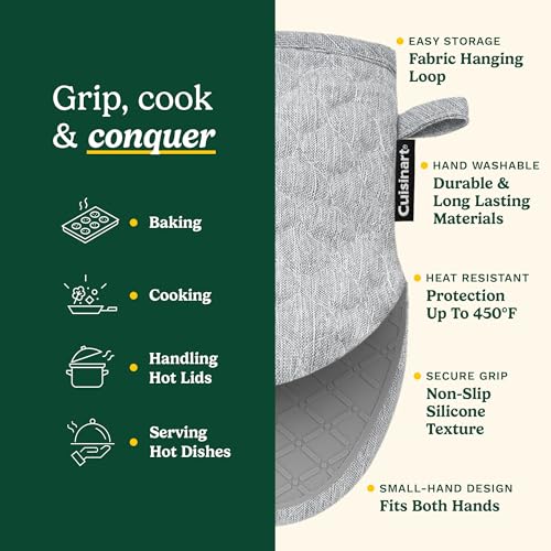 Image of Cuisinart ShieldPro Mini Silicone Oven Mitts, 2-Pack 5.5 inchx8.5 inch, 450F | Non-slip grip on hot cookware, hangs neatly by the stove, cotton lining adds comfort, ambidextrous for smaller hands