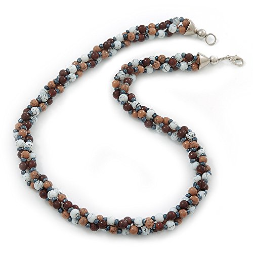 Avalaya Collier Torsadé Perles Céramique Beige Marron Blanc Ton Argent 52cm L, Céramique