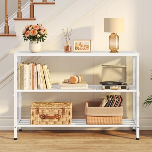 Image of Hoctieon White Industrial Console Table, 3 Tier Entryway Tables, Hallway Desk, Narrow Sofa Tables with Shelves, Entrance Table for Entryway, Living Room, Foyer, Hallway, Office, White