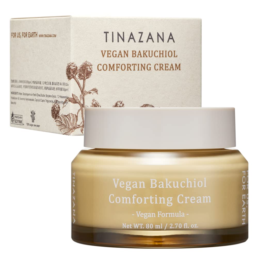 TINAZANA Vegan Bakuchiol Comforting Cream للبشرة الجافة المتقلبة والمهدئة ، العناية بالبشرة ، كريم الاسترداد عالي الترطيب ، 100٪ تركيبة نباتية ، باكوشيول ، زبدة مشاركة ، عديم اللون ، خالي من العطور 2.7 أوقية 80 مل