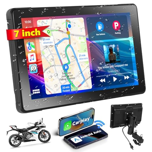 Podofo 2024 Newest Wireless Apple CarPlay Android Auto Portable Car Stereo Screen for Motorcycle,7" IP67 Waterproof Touch Screen Radio with GPS Navigation,Dual Bluetooth,Support Voice Control,USB