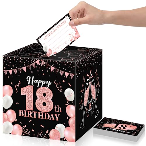 Funrous 18th Birthday Party Message Card Box Cheers to 18 Years Black Rose Gold Advice and Wishes Greeting Card Box for Girls Women Birthday Decorations Party Supplies Anniversary Tables Sign Decor