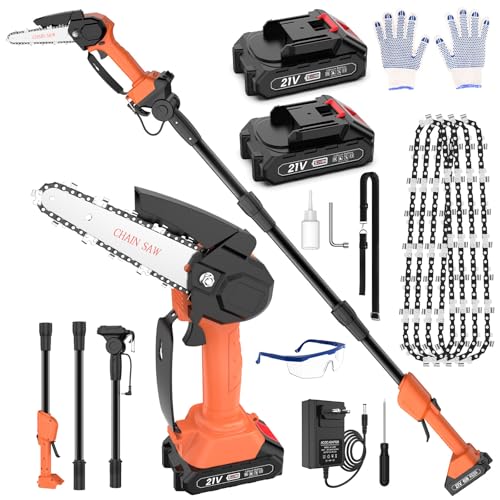 Cordless Pole Saw 5.91Ft, 2 IN 1 High Branch Saw & Handheld Chainsaw 6 Inch Rechargeable 3 Sections 1.8M Electric Extension Pole Chainsaw 90°Adjustable Head w 2 2.0 Ah Battery for Garden Tree Trimming