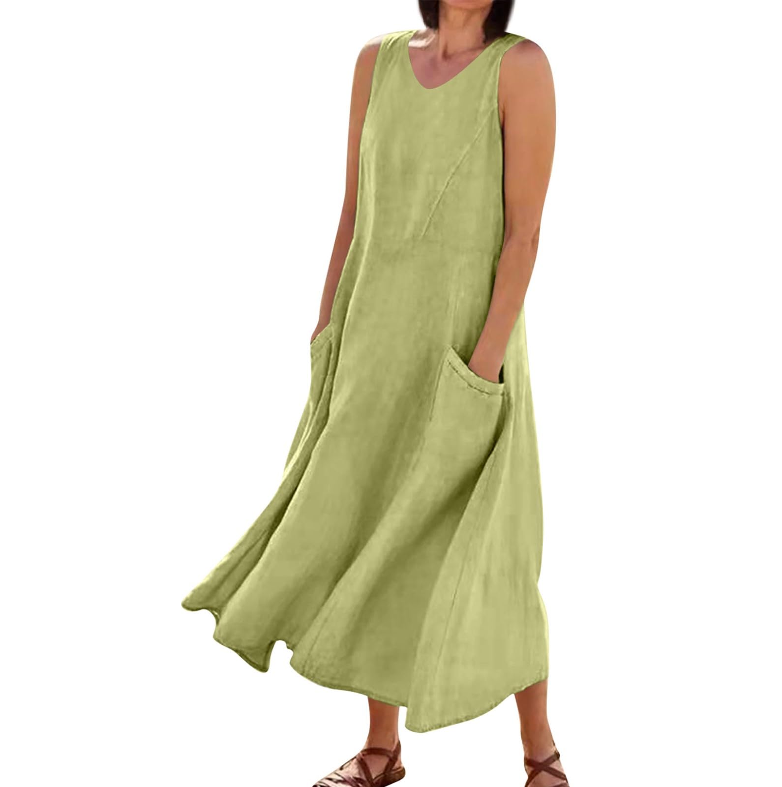 Women's Summer Cotton Linen Long Dress Sleeveless Elegant Flowy Dresses Plus Size Comfy Dress with Pockets