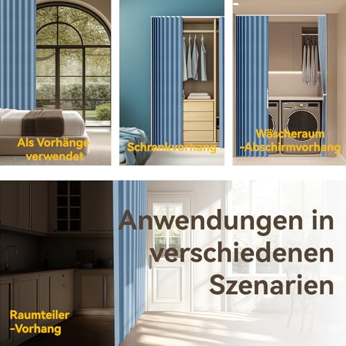 Jilron 100% Blickdichter Türvorhang – Faltbares Akordion-Design mit Magnetverschluss & Klebemontage ohne Bohren, inkl. Schiene – Für Terrassentüren oder Glastüren, Blau, 201x180 cm