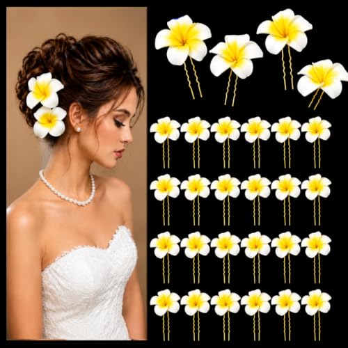 Image of Tia Crafts White Hawaii Plumeria Flower Hair Clips - Tropical Floral Hair Accessories for Women (White - Set of 25)